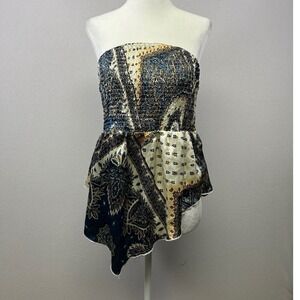 Boho Indie Scarf Print Womens 1XL Navy Gold Smocked Asymmetrical Tube Top